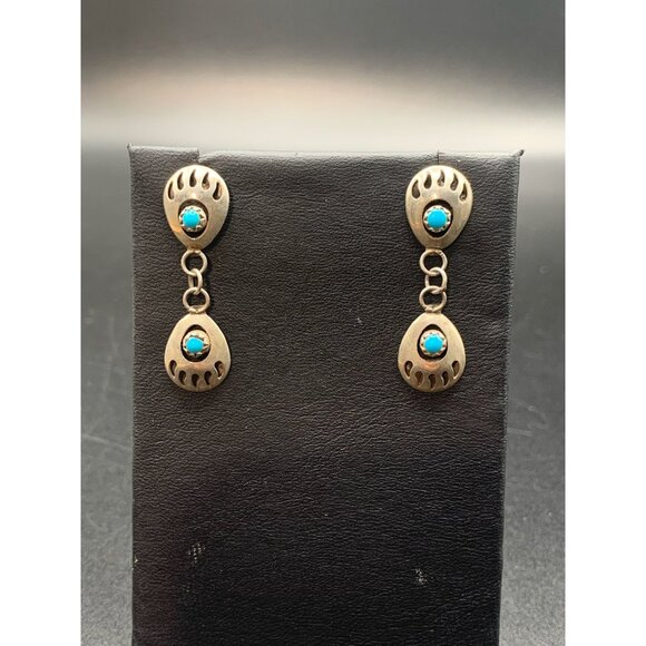 Bear Paws Earrings Sterling Silver & Turquoise Native American Pierced Drops - Picture 2 of 5
